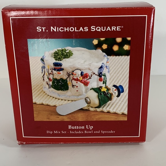 St. Nicholas Square Button Up Holiday Snowman Dip Mix Set Ceramic Bowl Spreader - Picture 1 of 13